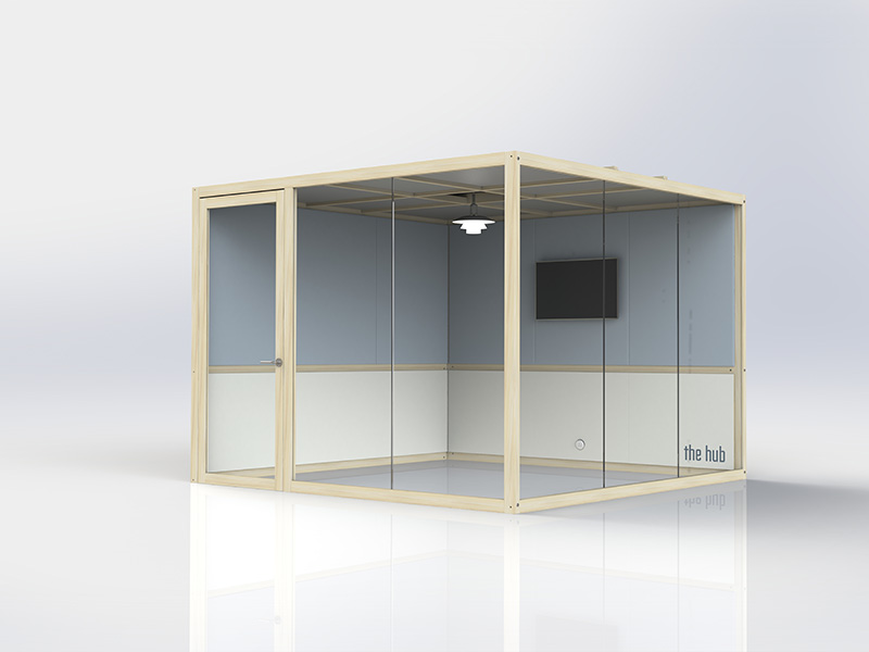 Acoustic pods with internal and external quiet work space areas