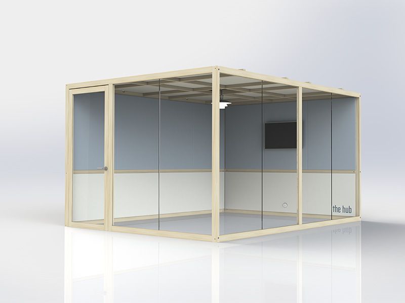 Acoustic pods with internal and external quiet work space areas